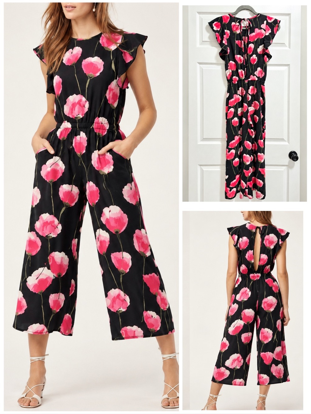 Aritzia Wilfred Fleurette Jumpsuit Red Black Floral Wide Leg Romper Size XS